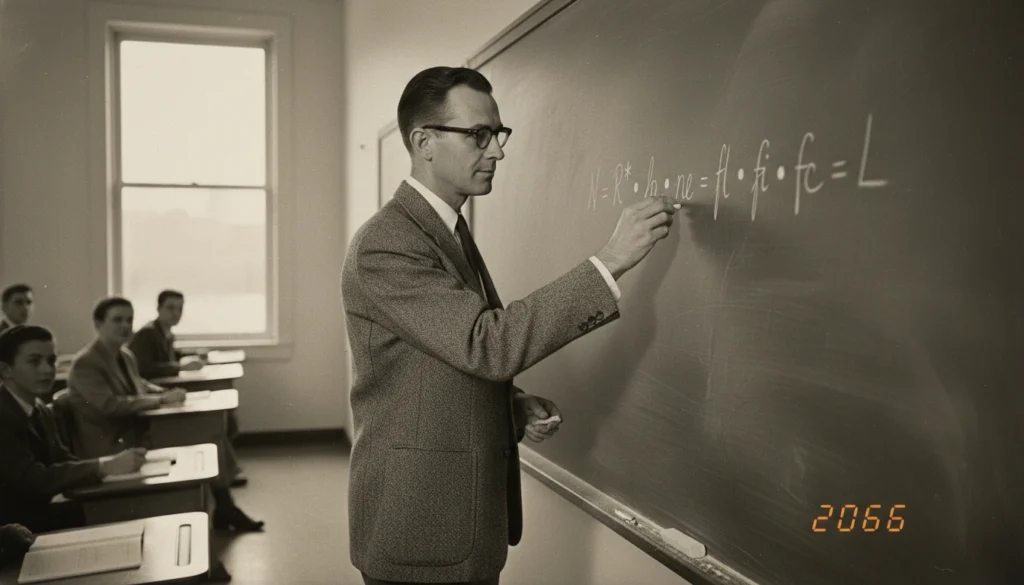 Frank Drake escrevendo a equação no quadro negro em 1961