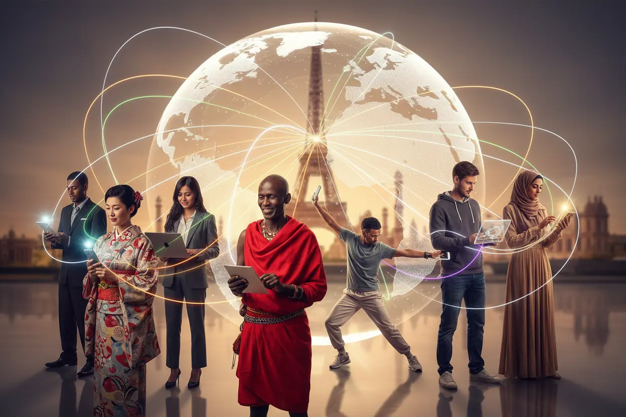 Internet Global: Conectando Pessoas Pessoas diversas conectadas digitalmente, mostrando a origem da internet no mundo e sua expansão global.