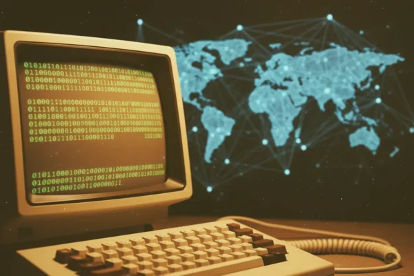 Terminal de computador antigo com rede global, simbolizando a origem da internet.