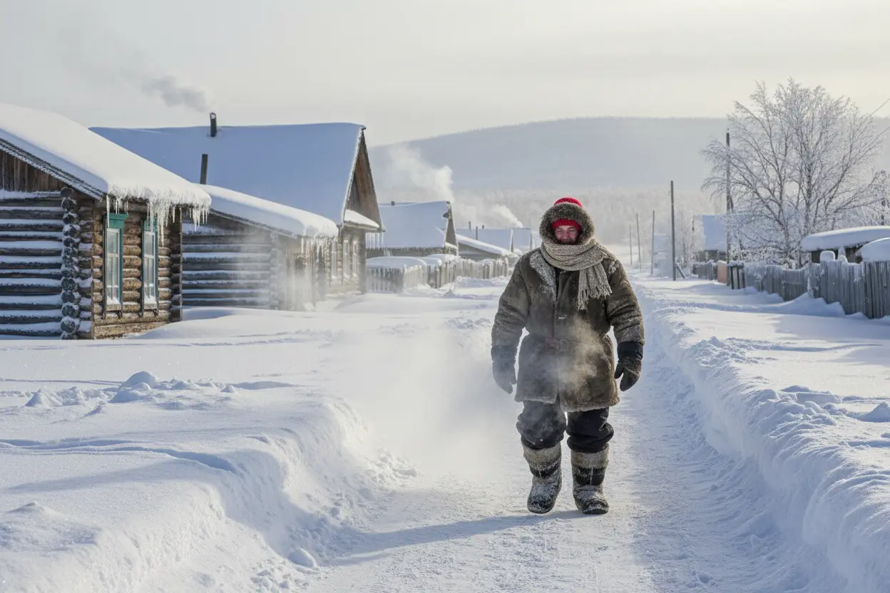 Oymyakon: Vida no Polo do Frio Pessoa agasalhada caminhando em Oymyakon, Rússia, a cidade mais fria do planeta.