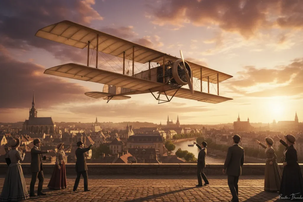 Avião antigo no céu, representando a invenção do avião.
