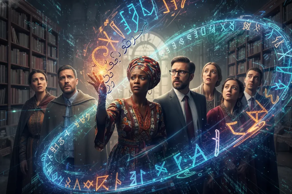 Pessoas diversas intrigadas por símbolos de idiomas complexos, representando a língua mais difícil do mundo.