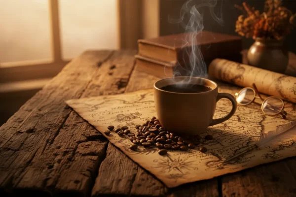 Xícara de café fumegante com grãos e mapa antigo, simbolizando a história do café.