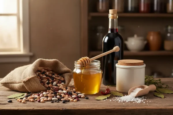 Mel, feijão, sal e vinagre, exemplos de alimentos com longa durabilidade.