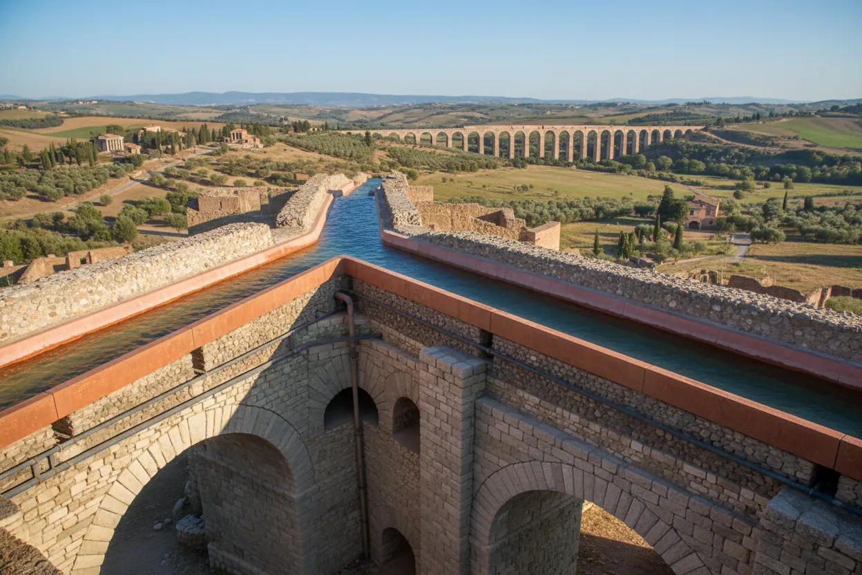 Aqueduto Romano - Engenharia Antiga Aqueduto romano com água fluindo, uma maravilha da engenharia.