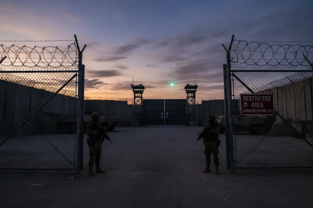 Entrada da Área 51 ao anoitecer com luz misteriosa