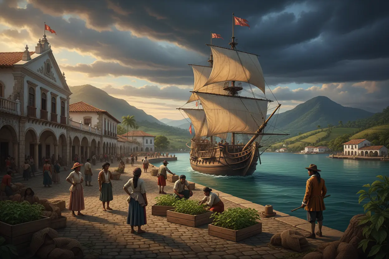 Café nas Américas Navio europeu trazendo mudas de café para as Américas, mostrando **como surgiu o café** no novo continente.