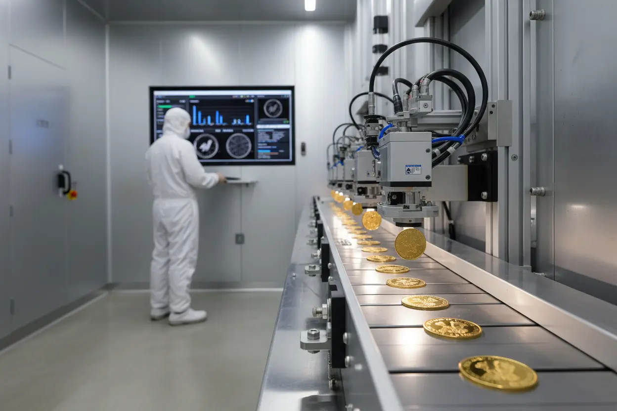 Controle de qualidade na fabricação de moedas Processo de controle de qualidade automatizado, mostrando como são feitas as moedas e sua inspeção.