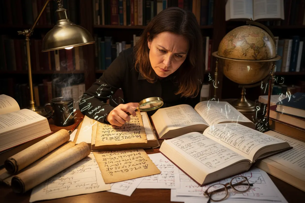 Desafios Linguísticos Globais Linguista estudando textos em Mandarim, Japonês e Árabe, idiomas desafiadores.