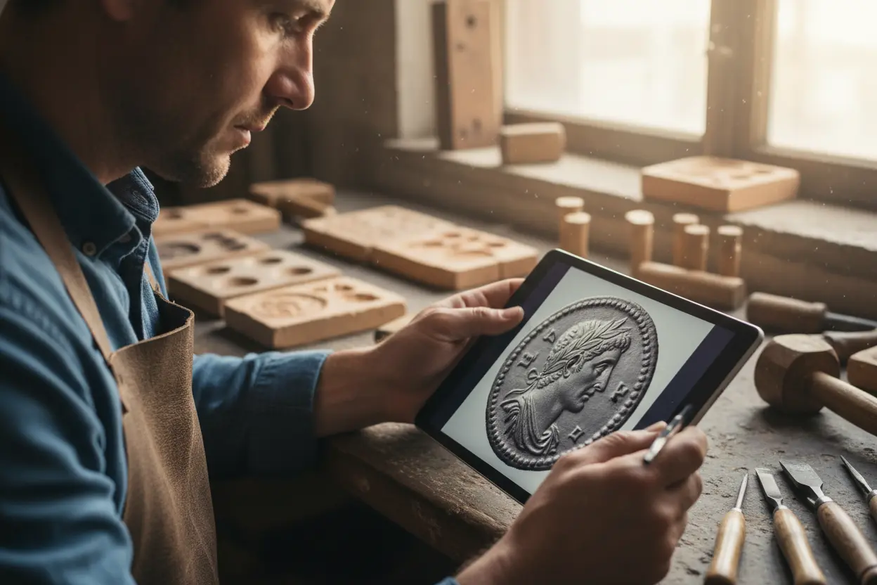 Design e arte na criação de moedas Numismata examinando o design de uma moeda em tablet, com ferramentas de cunhagem.
