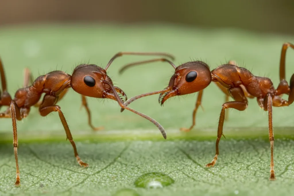 Duas formigas tocando antenas em uma folha.