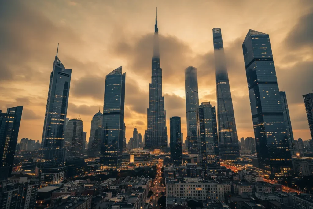 Arranha-céus modernos ao pôr do sol