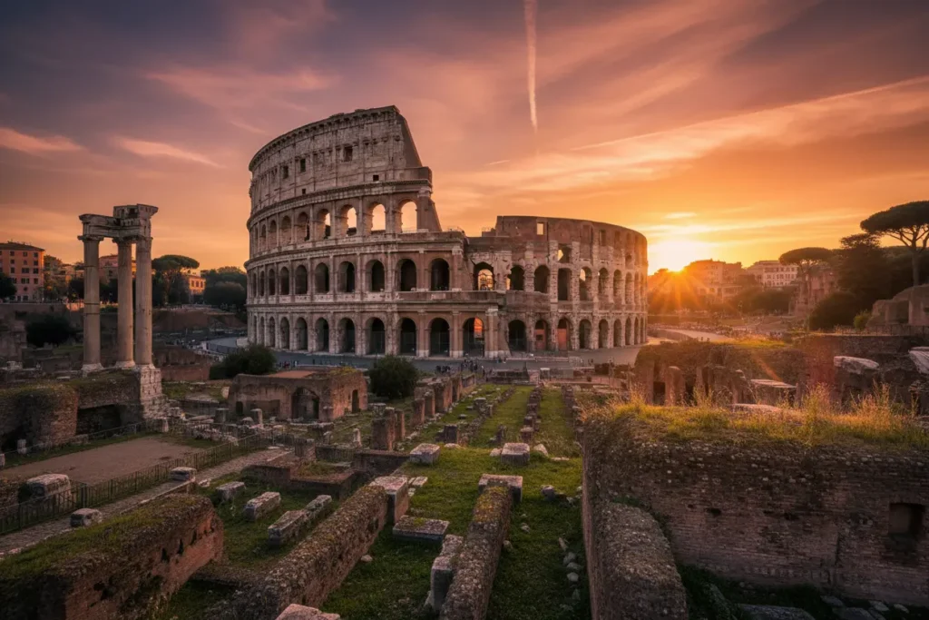 Coliseu romano ao amanhecer, representando a história do Império.