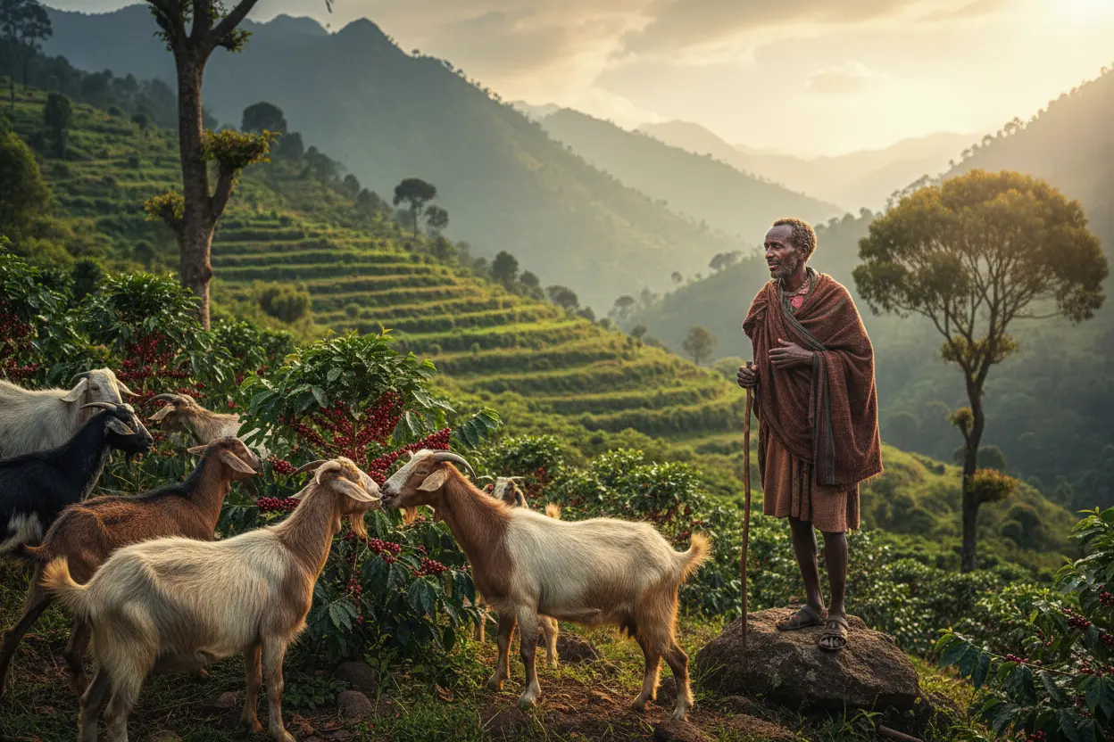 Lenda de Kaldi e o Café Pastor Kaldi e cabras comendo cerejas de café na Etiópia.