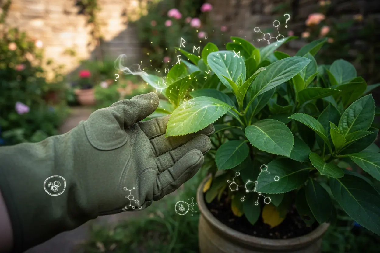 Mitos Plantas Tóxicas - Verdades e Cuidado Mão com luva tocando folha, representando mitos e verdades sobre plantas venenosas