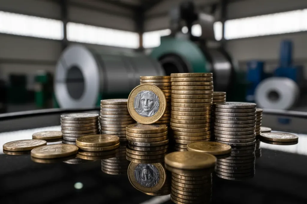 Moedas brasileiras recém-cunhadas em pilha, com fundo industrial desfocado.