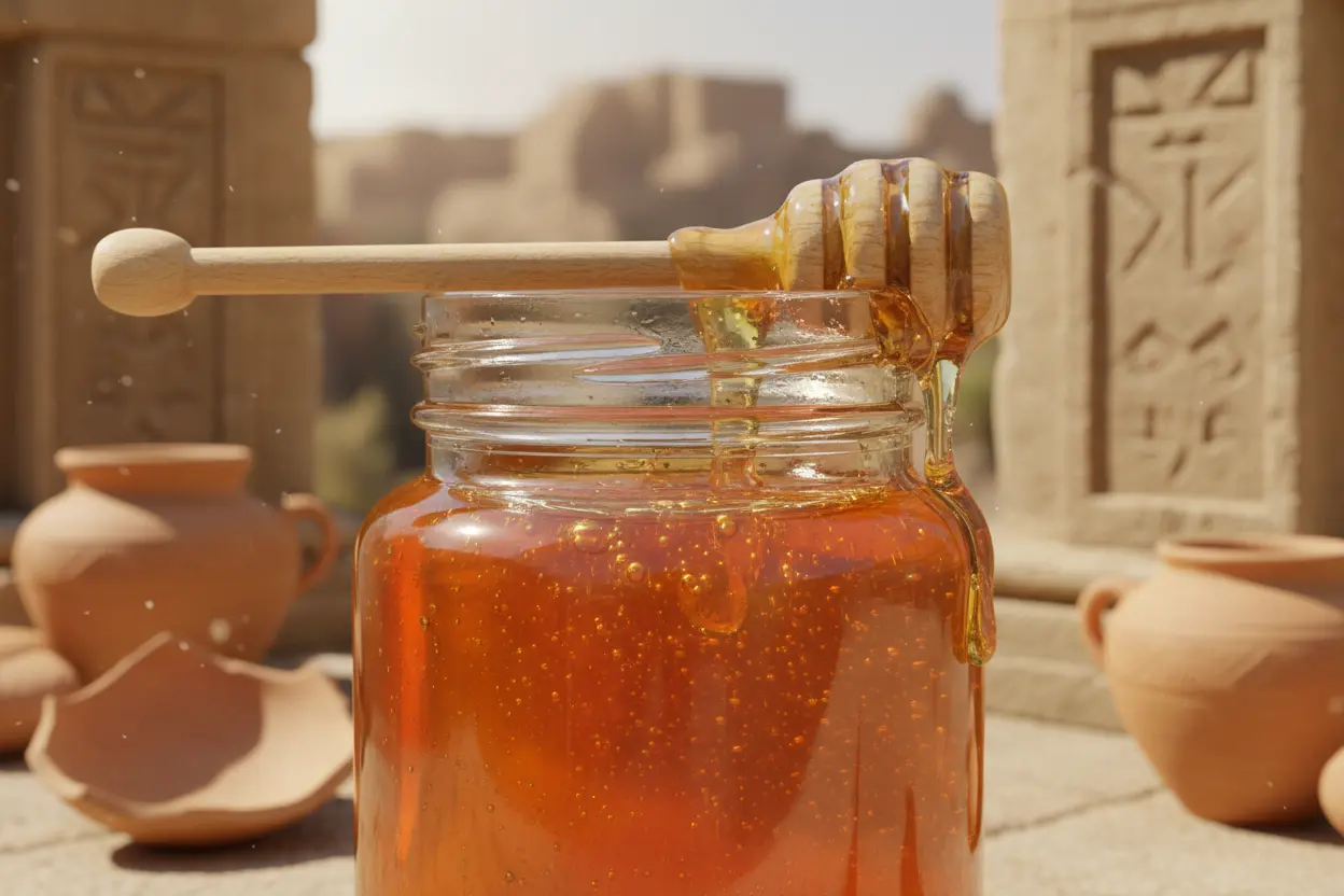 O Mel Eterno: Um Tesouro Dourado Mel dourado em pote de vidro, um dos alimentos que nunca estragam.