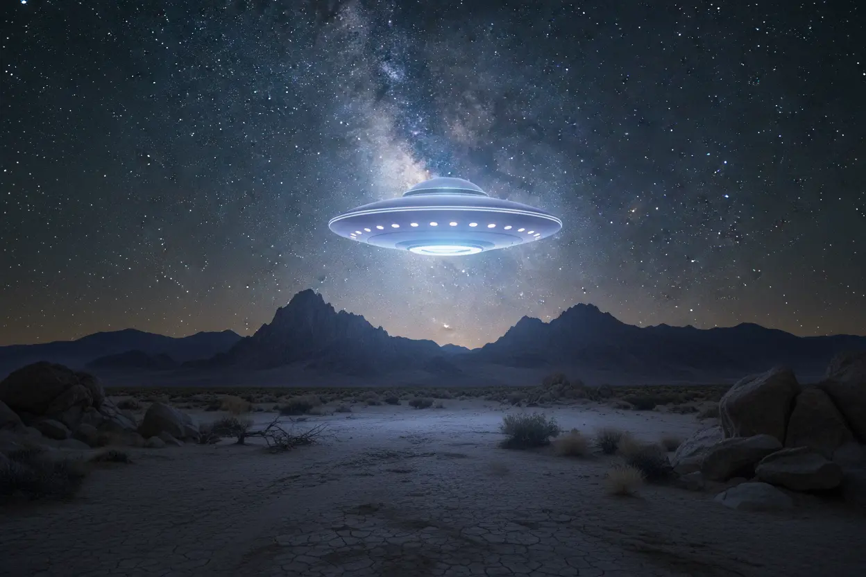 OVNI sobre a Área 51 OVNI clássico pairando sobre o deserto da Área 51 à noite