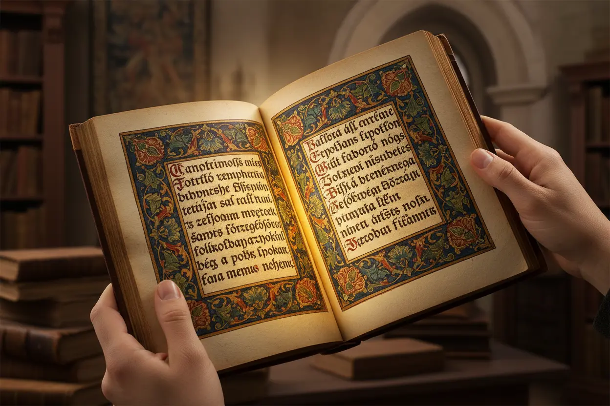 Riqueza Cultural dos Idiomas Mãos segurando um livro com escrita intrincada, representando a beleza cultural dos idiomas complexos.