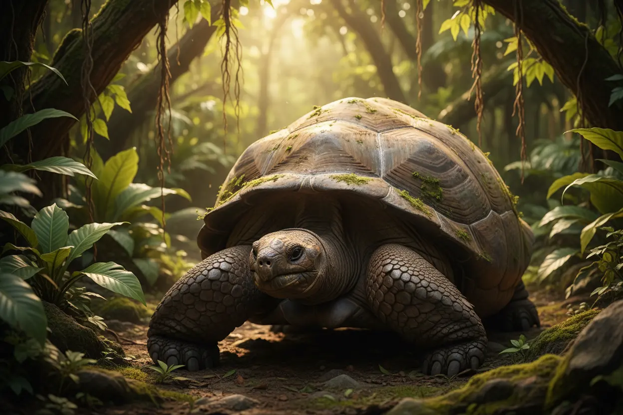 Tartaruga Gigante: Símbolo de Longevidade Tartaruga gigante das Galápagos em paisagem verde.