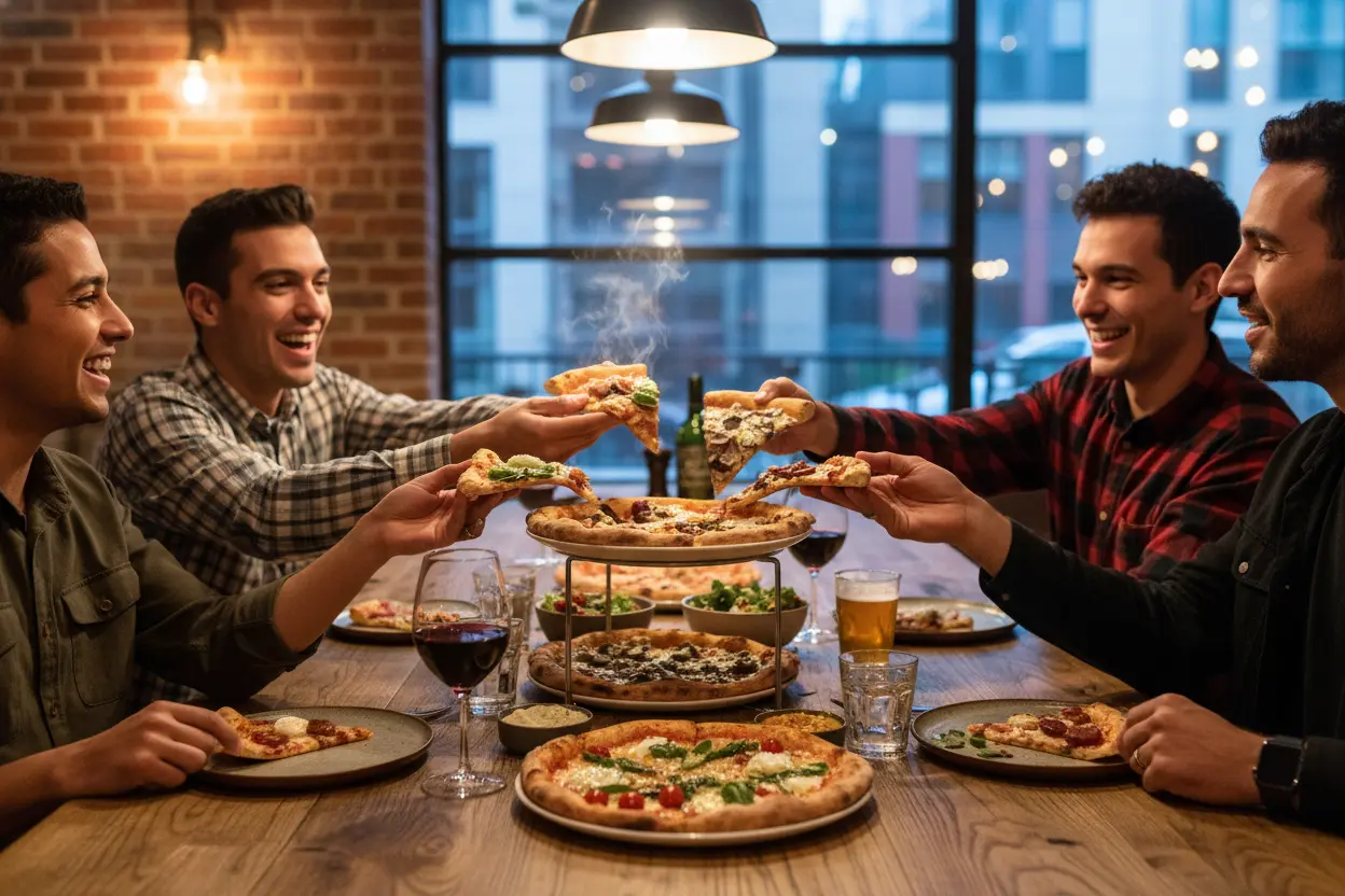 Amigos compartilhando pizzas modernas, mostrando a evolução da pizza.
