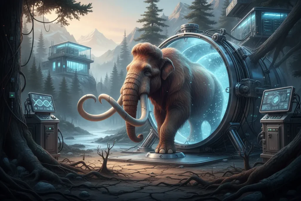Fotografia realista de um mamute-lanoso emergindo de um tubo de laboratório, simbolizando os animais extintos que podem voltar.