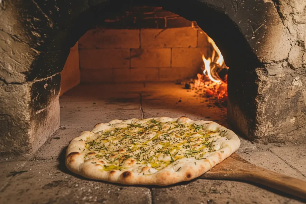 Pão plano antigo assando, ilustrando a história da pizza de onde veio realmente.