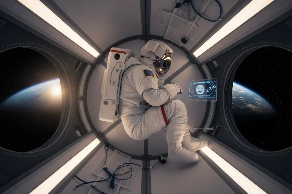 Astronauta dormindo em cabine espacial