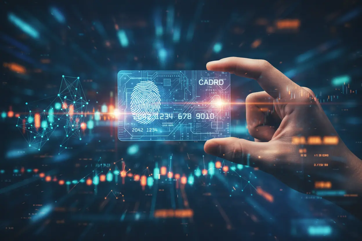 Mão segurando um cartão de crédito moderno.