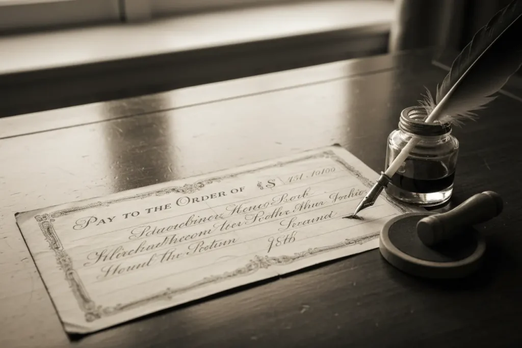 Um cheque antigo e um tinteiro, representando a origem dos cheques e cartões de crédito.