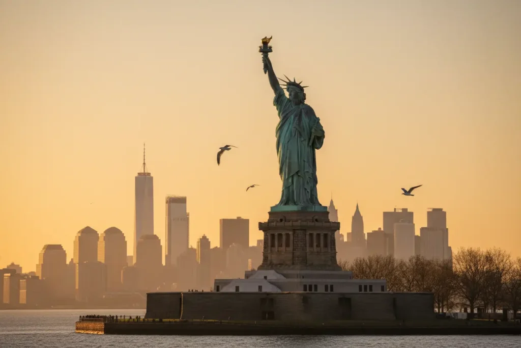 Estátua da Liberdade em Nova York ao amanhecer