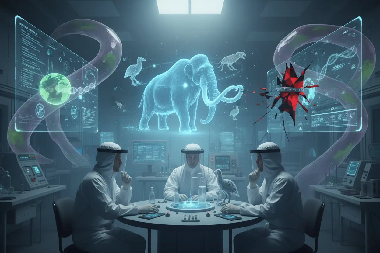 Ética e Desafios da Desextinção Laboratório com cientistas e projeções de animais extintos, representando os desafios éticos.
