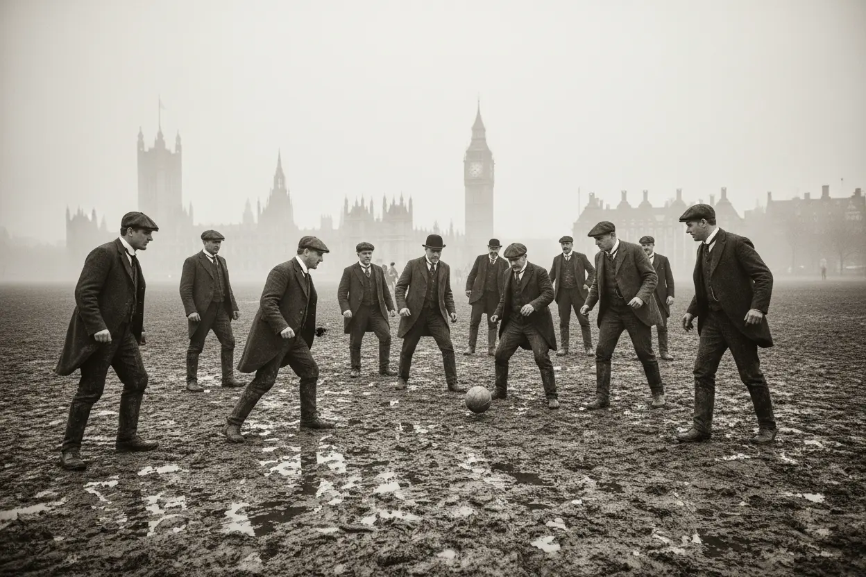 Homens vitorianos jogando futebol em um campo lamacento.
