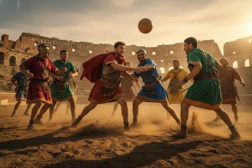 Antigos romanos jogando um jogo de bola, representando a história do futebol como o esporte surgiu.