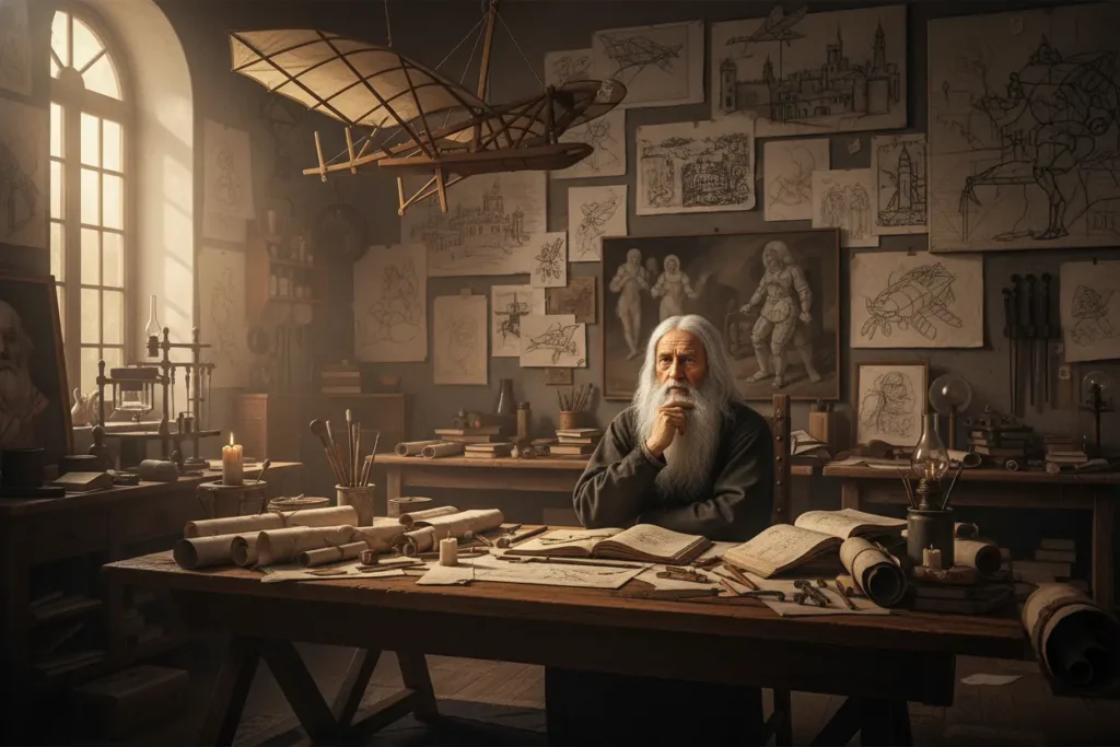 Retrato de Leonardo da Vinci em seu ateliê
