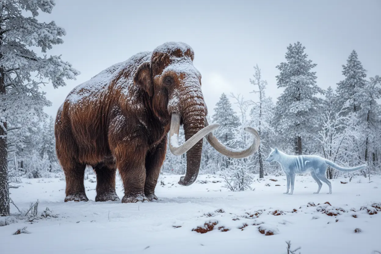 Mamutes e Tigres: Candidatos ao Retorno Mamute-lanoso em paisagem nevada e tigre-da-tasmânia fantasmagórico, animais extintos.