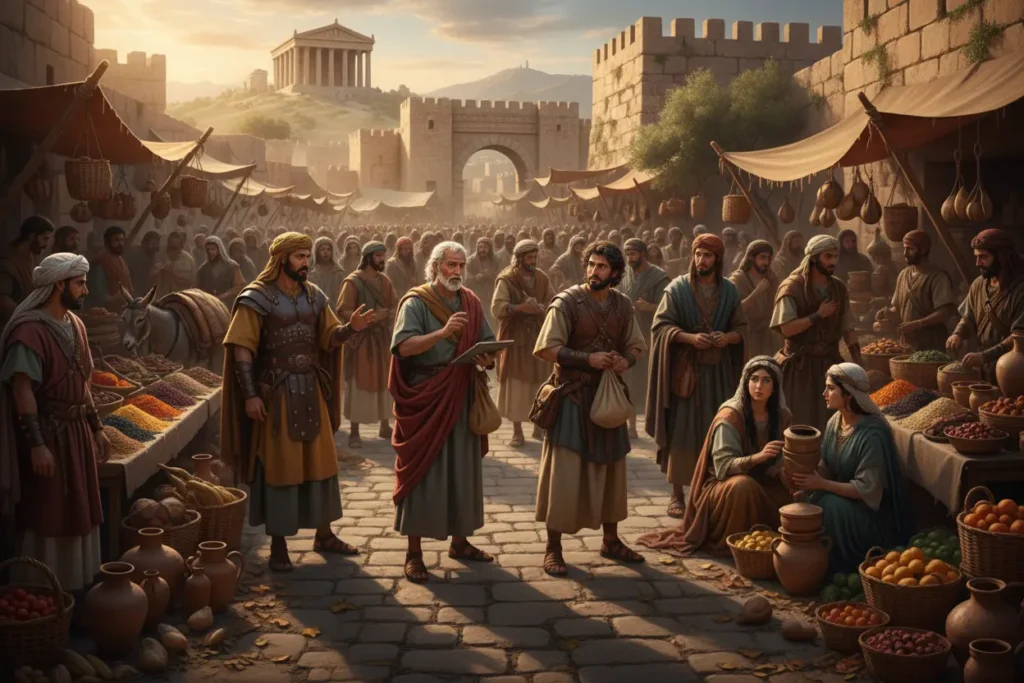 Representação de um mercado antigo mostrando como surgiu a inflação primeira vez na história.