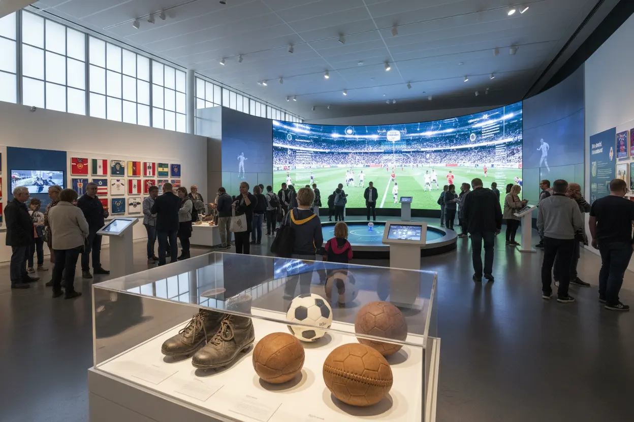Exposição em um museu do futebol com artefatos históricos.