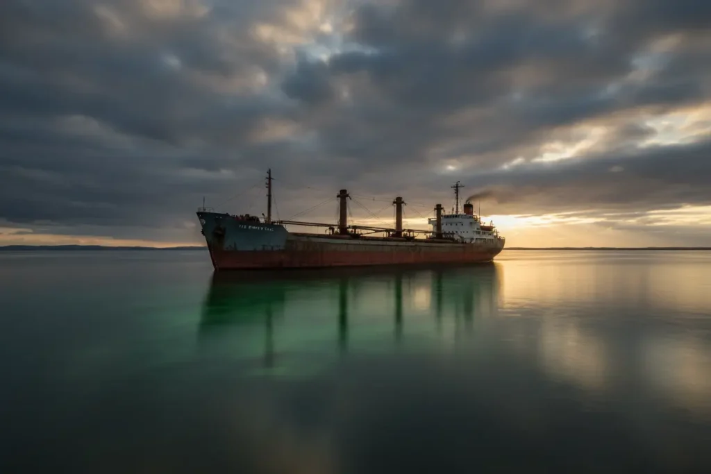 Navio solitário em águas misteriosas, ilustrando como funciona o triangulo das bermudas
