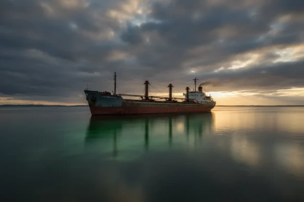 Navio solitário em águas misteriosas, ilustrando como funciona o triangulo das bermudas