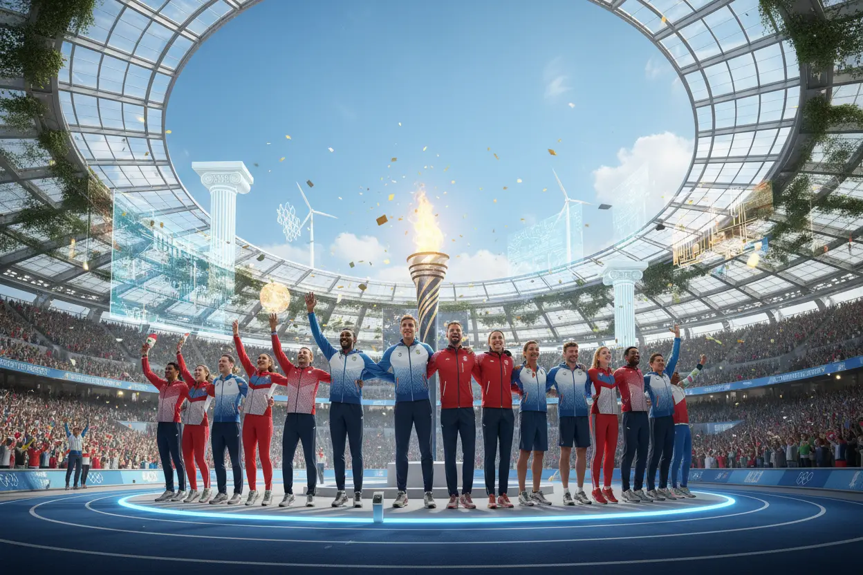 O Legado e a Evolução dos Jogos Olímpicos Atletas olímpicos modernos celebrando a evolução e o legado dos jogos.