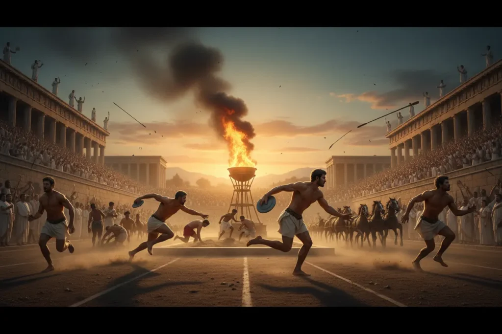 Atletas gregos antigos em competição, representando a origem dos jogos olímpicos.