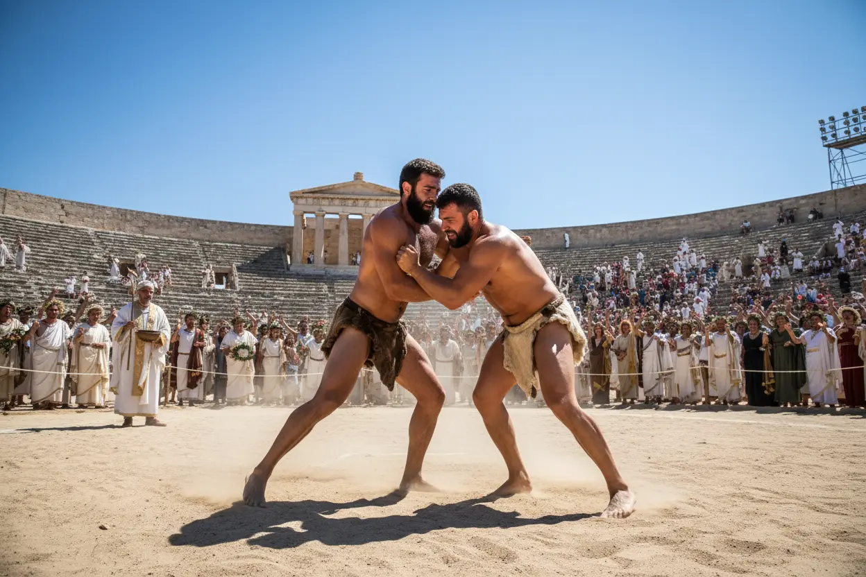 Rituais e Competições nos Jogos Antigos Lutadores gregos em um ritual esportivo durante os Jogos Olímpicos antigos.