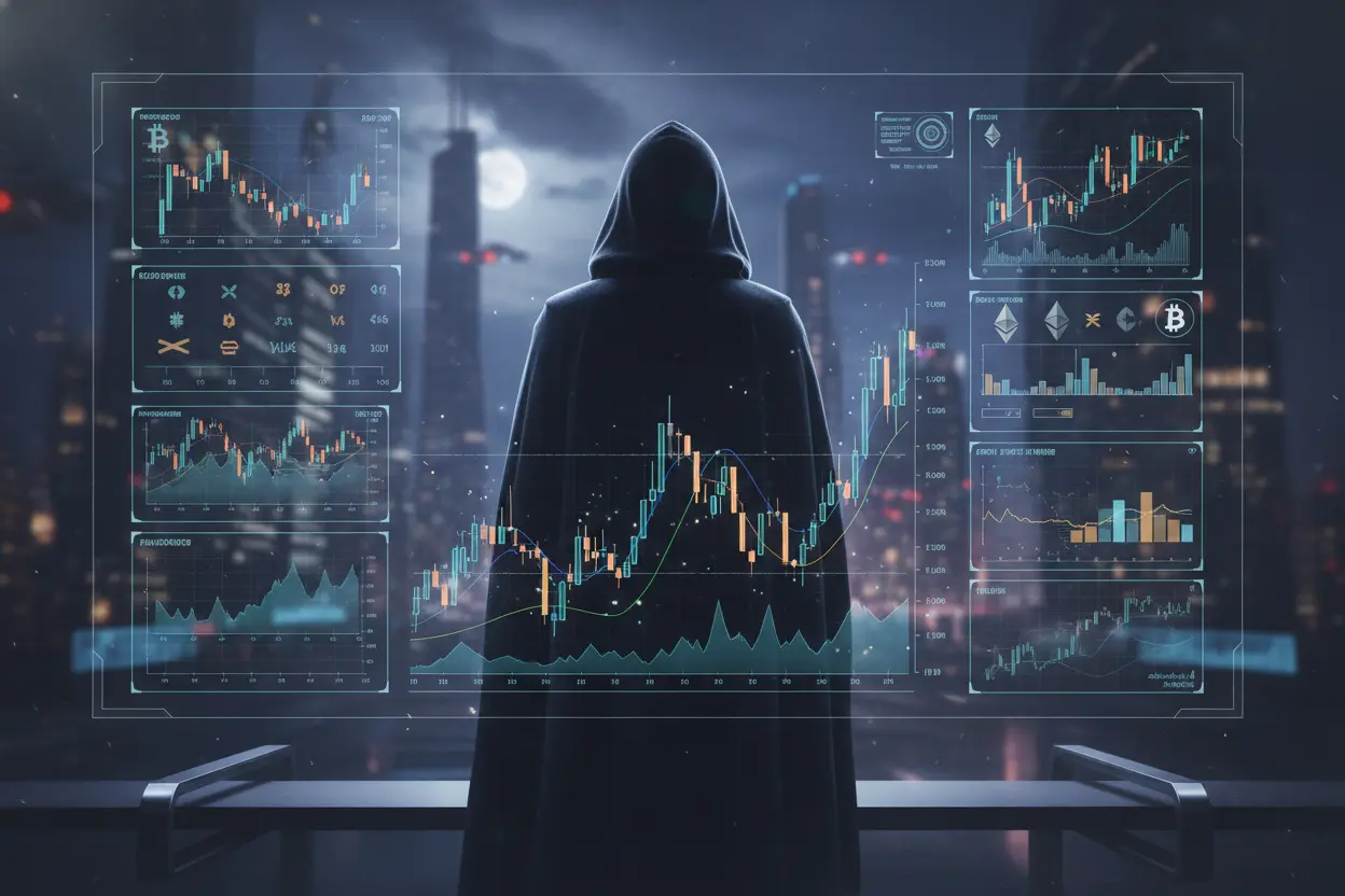 Interface de criptomoedas com silhueta misteriosa