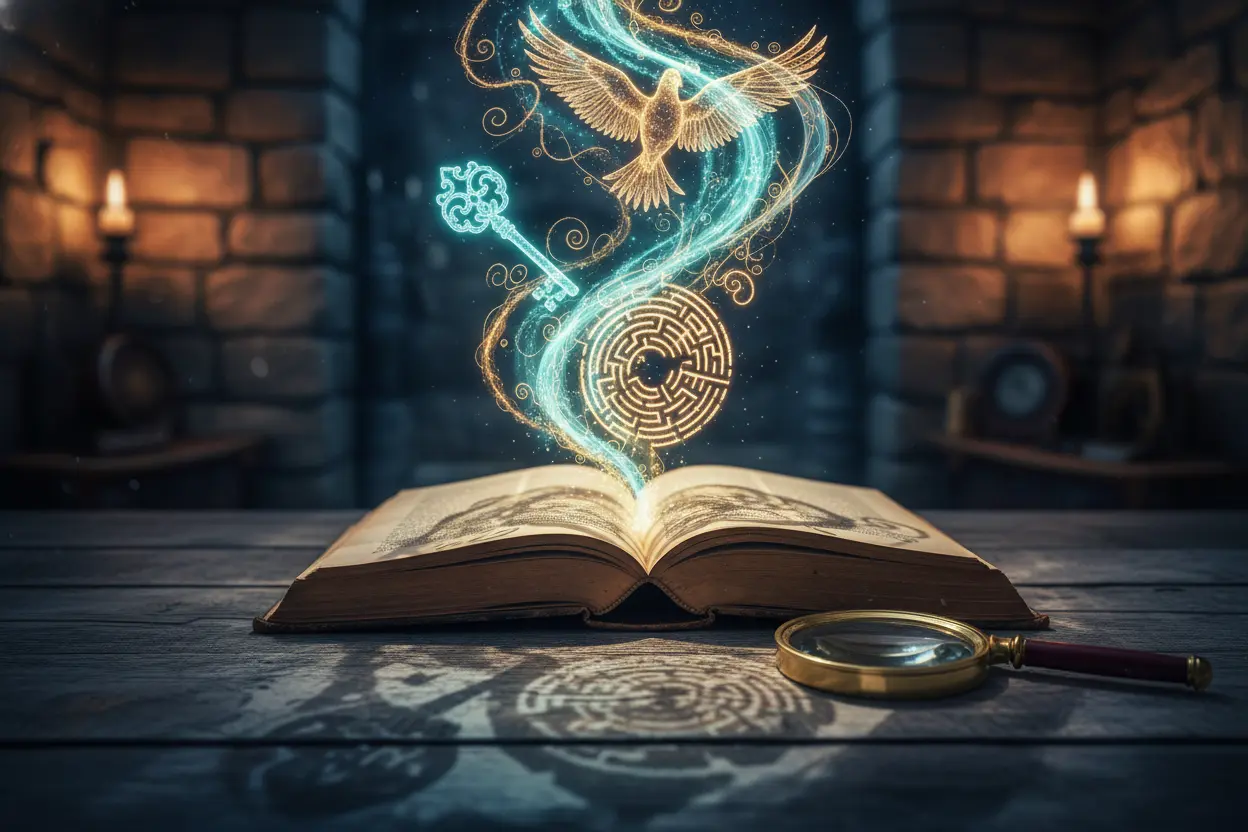Livro antigo com símbolos de sonhos e lupa