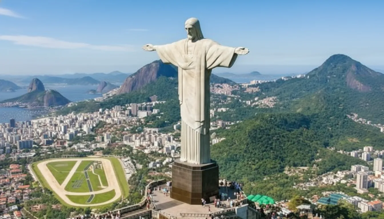 Estátua do Cristo Redentor de braços abertos no topo do Corcovado, com o Rio de Janeiro ao fundo.