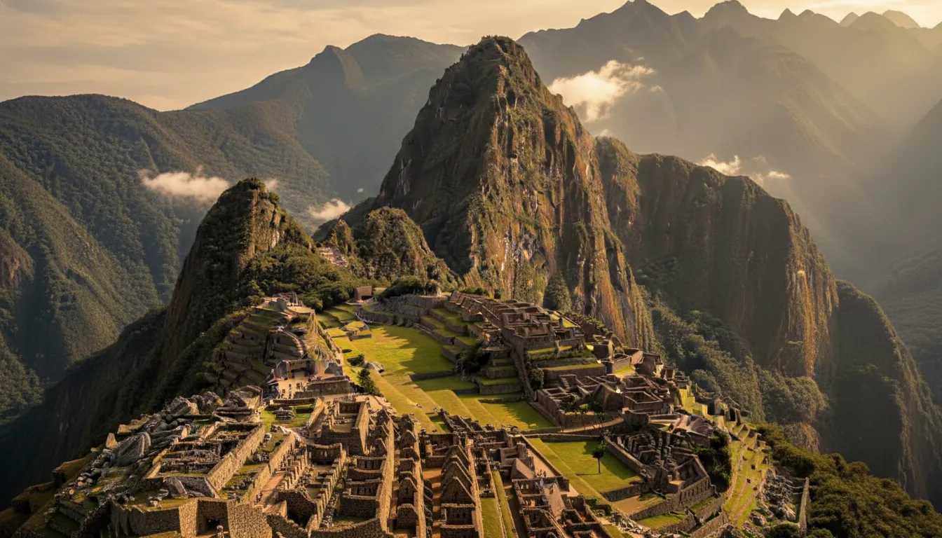 Ruínas antigas de Machu Picchu cercadas por montanhas verdes sob luz dourada e névoa suave.