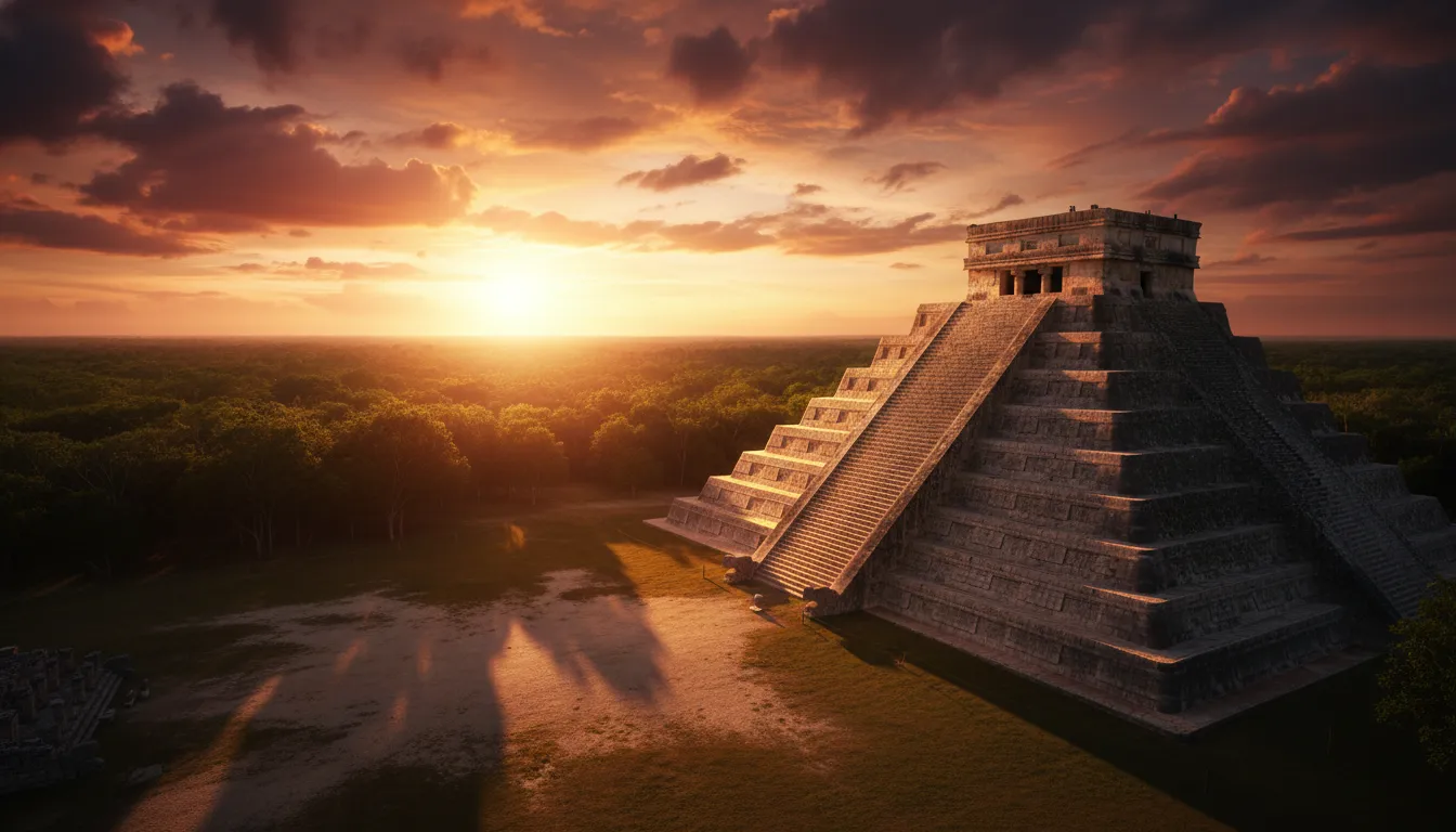Pirâmide maia El Castillo em Chichén Itzá iluminada pelo pôr do sol dourado sobre a densa floresta.