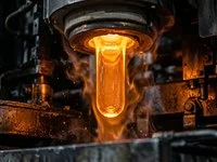 alternativo (100 caracteres): Massa de vidro fundido alaranjada incandescente saindo de um forno industrial contra um fundo escuro