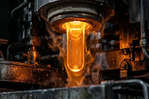 alternativo (100 caracteres): Massa de vidro fundido alaranjada incandescente saindo de um forno industrial contra um fundo escuro